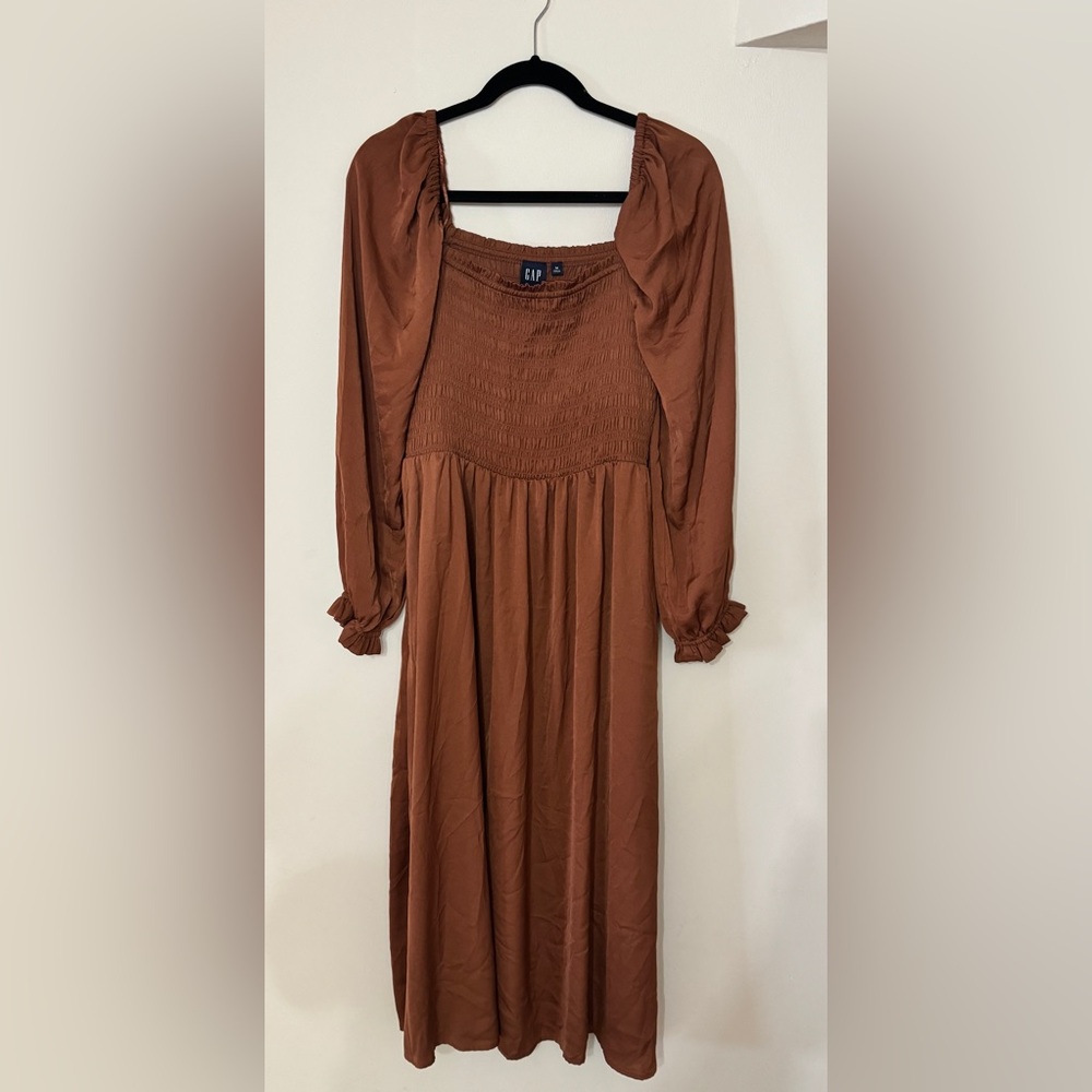 Gap Smocked Midi Dress in Saddle Brown